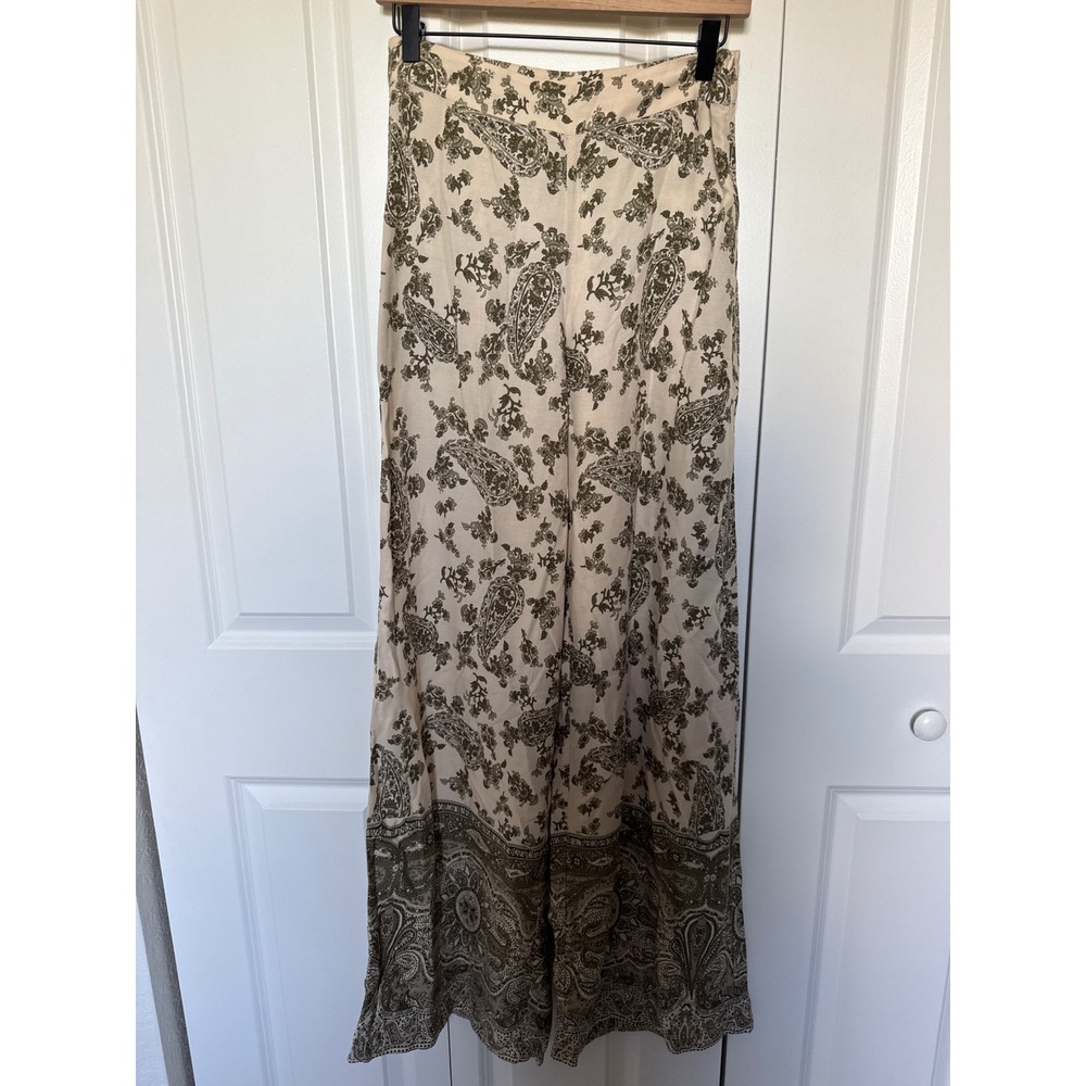 Zara Women Small Green Paisley Floral Wide Leg High Rise Flowy Pant Boho Palazzo